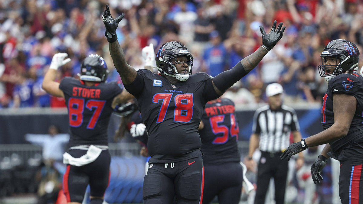 Houston Texans offensive tackle Laremy Tunsil (78) celebrates after the Texans defeated the Buffalo Bills at NRG Stadium.