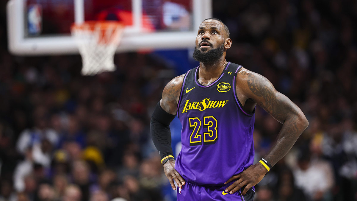 Los Angeles Lakers forward LeBron James (23) reacts against the Dallas Mavericks during the second half at American Airlines Center. 