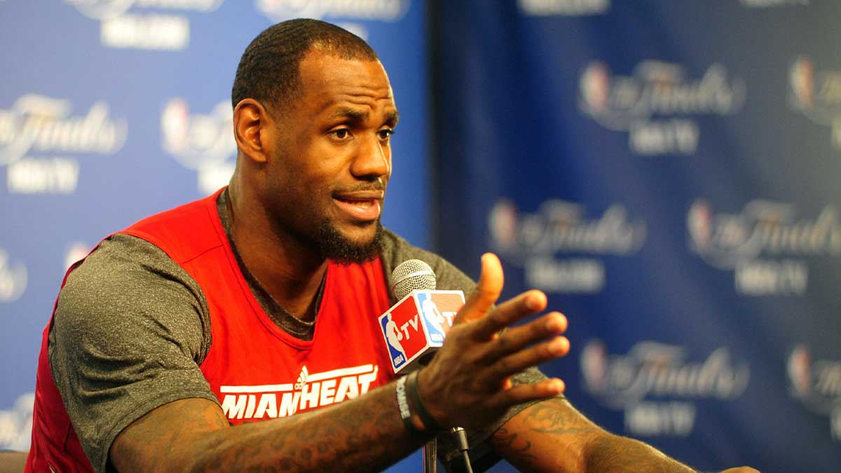 Miami heat forward Lebron James (6) answers questions during the press conference during practice before the NBA Finals 2012. years against Oklahoma City Thunder in Chesapeake Energy Arena. 