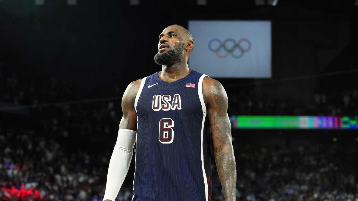 The United States Guard LeBron James (6) celebrates after France in a medal in Male Basketball During the Olympic Summer Games in Paris 2024. in the Accor Arena.