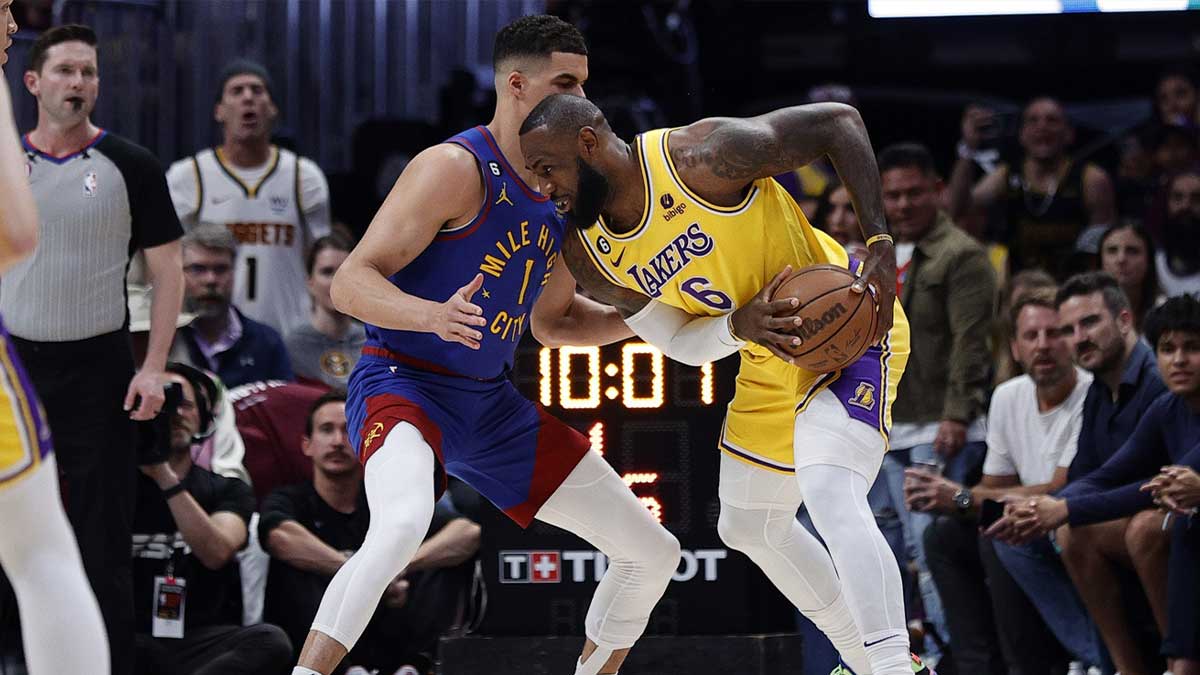 Denver Nuggets Next Michael Porter Jr. (1) Defend against Los Angeles Lekers Lebron James (6) in the first quarter during the game, one of the Western Conference Finals for the playoffs 2023 NBA at the Ball Arena. 