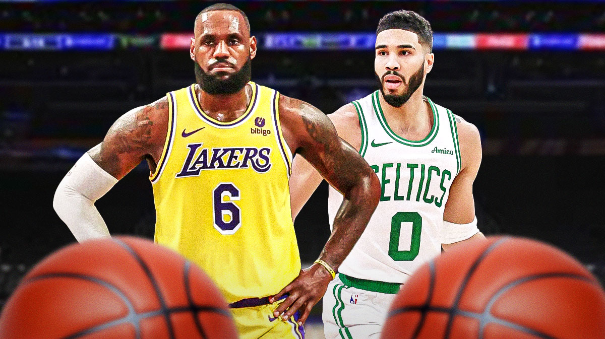 Los Angeles Lakers star LeBron James looking at Jayson Tatum in front of Crypto.com Arena.