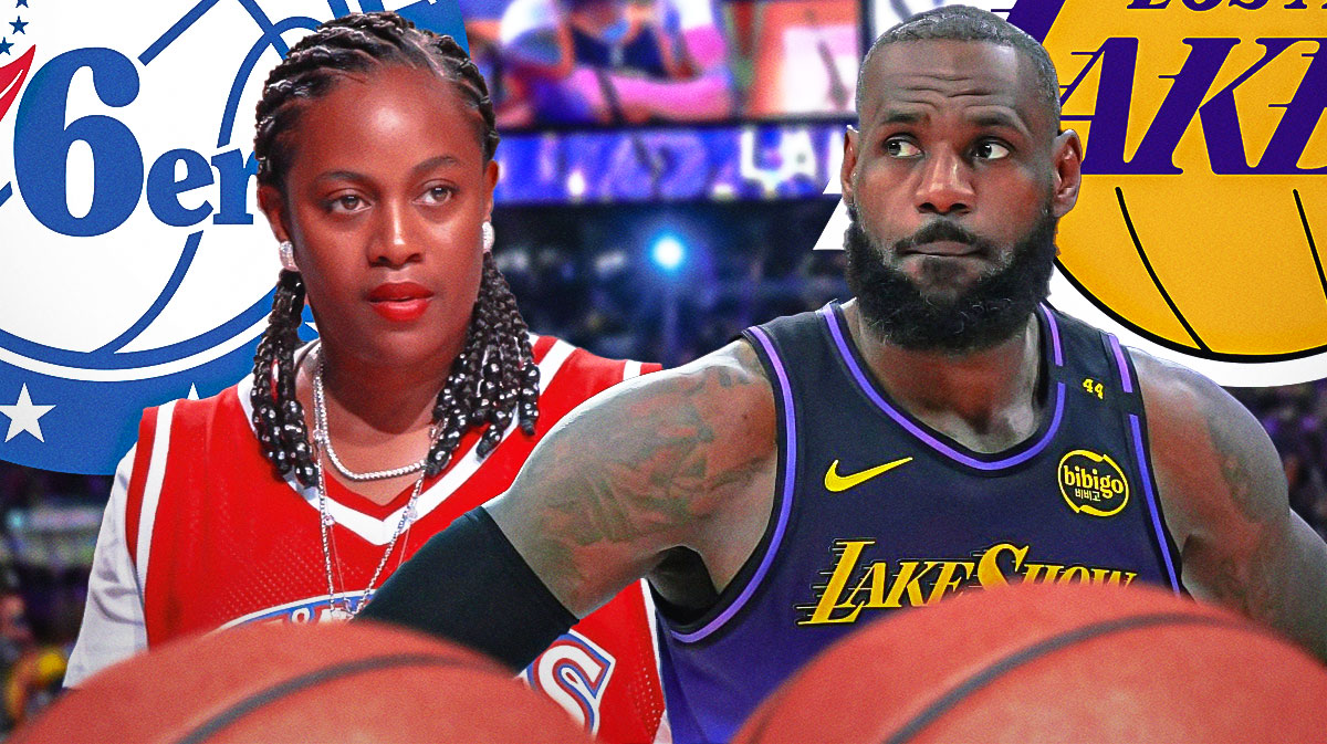 Lakers superstar LeBron James next to Allen Iverson's mom, Ann Iverson with the Lakers and 76ers logos in the background
