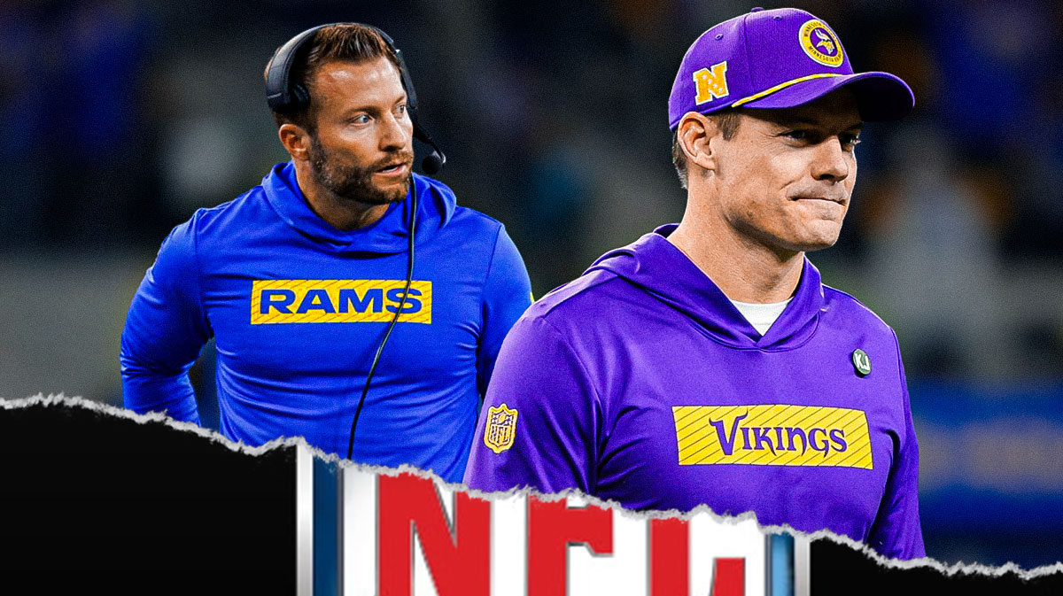 Vikings Kevin O'Connell on the left looking to the right, Rams Sean McVay on the right looking to the left. Background is State Farm Stadium, thanks