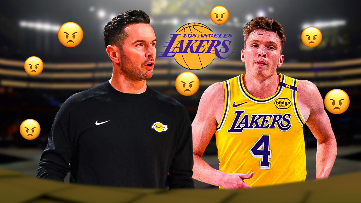 JJ Redick and Dalton Knecht on either side, with the Lakers logo behind and angry emojis all around.