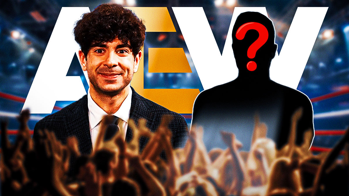Tony Khan next to the blacked-out silhouette of Brock Anderson with the AEW logo as the background.