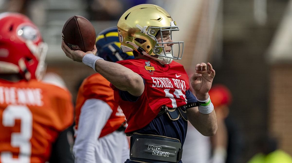 American team quarterback Riley Leonard of Notre Dame (13) throws the ball during Senior Bowl practice for the American team at Hancock Whitney Stadium.