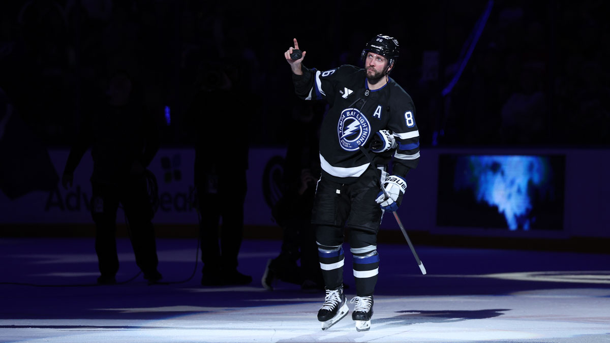 Tampa Bay Lightning right wing Nikita Kucherov (86) was honored for his 600th career assist against the Detroit Red Wings at Amalie Arena. 