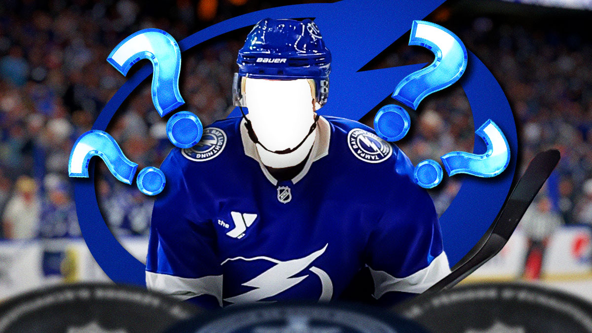 Silhouette of Cam Atkinson in a Tampa Bay Lightning jersey, Tampa Bay Lightning logo, 3-5 question marks, hockey rink in background