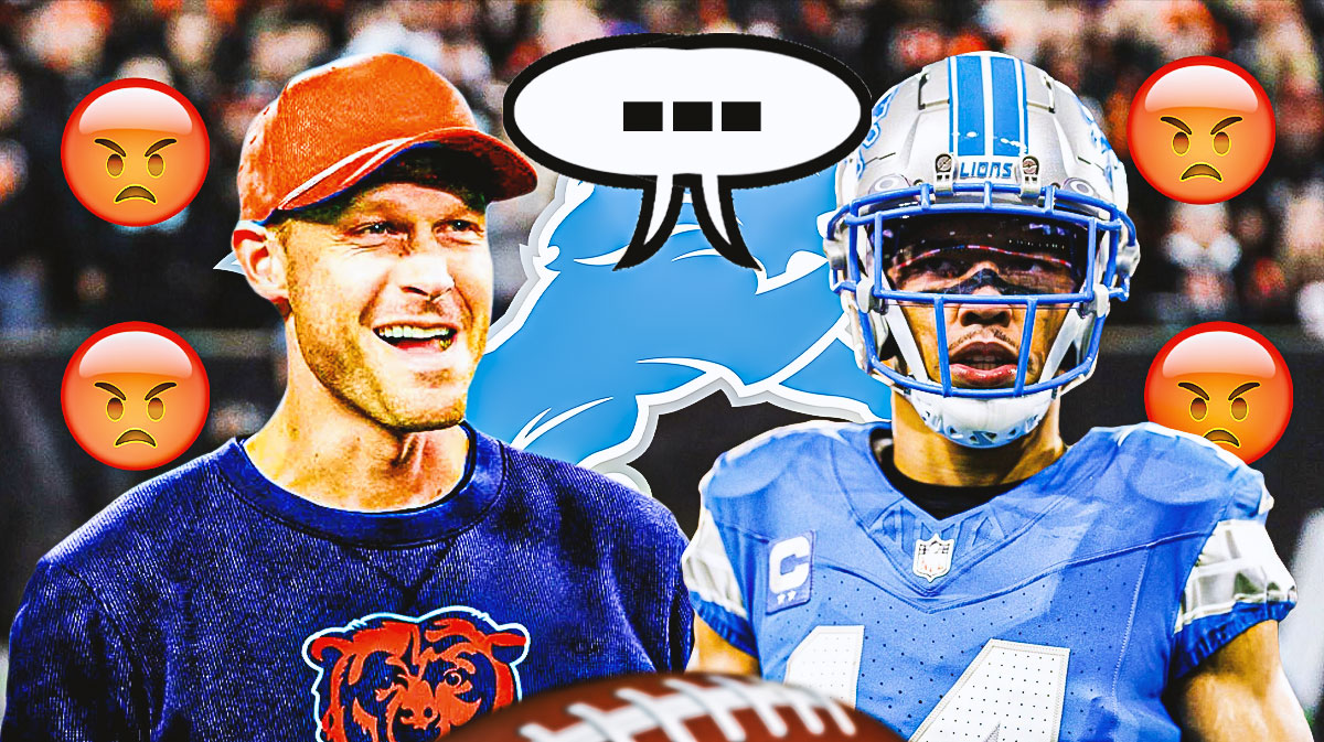 Detroit Lions WR Amon-Ra St. Brown with Chicago Bears head coach Ben Johnson. They have a joint speech bubble that has the three dots emoji inside. They are surrounded by angry emojis (😠). There is also a logo for the Detroit Lions.