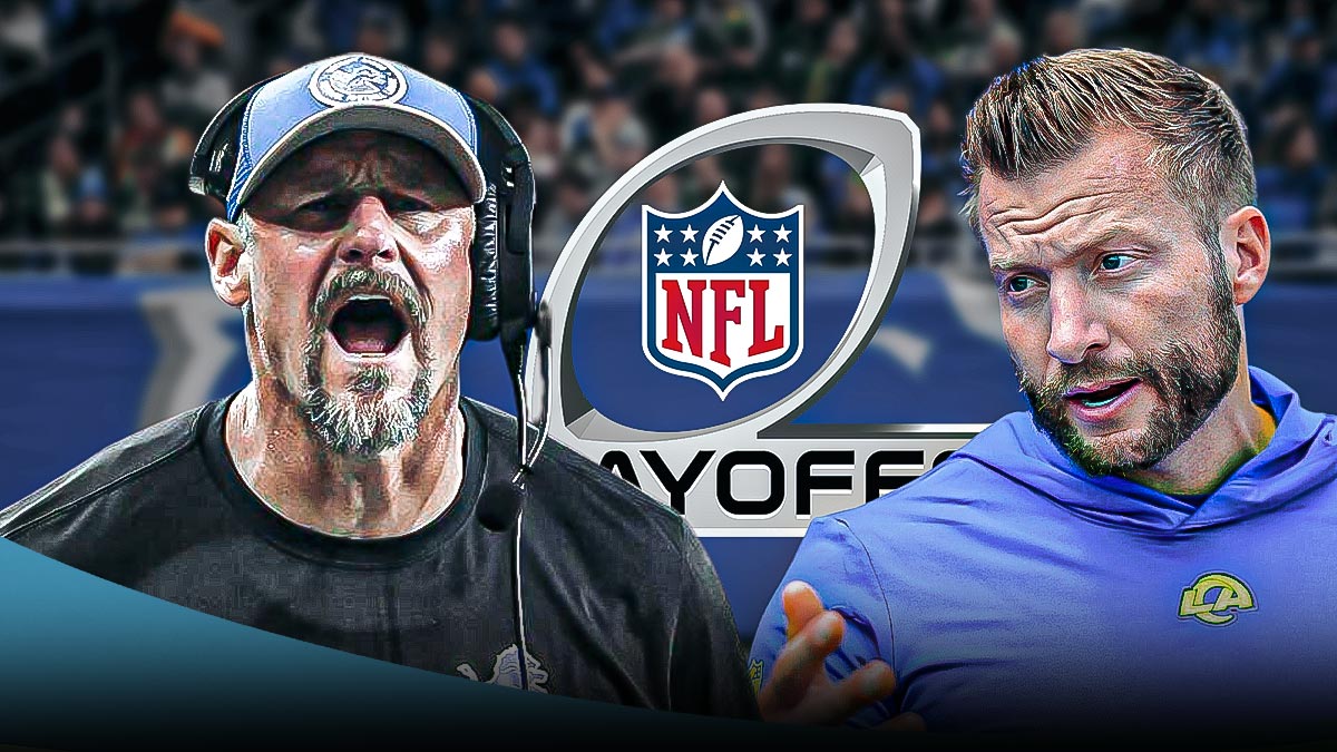 Lions coach Dan Campbell on the left, stern looking Rams coach Sean McVay on the right, NFL postseason logo in the middle