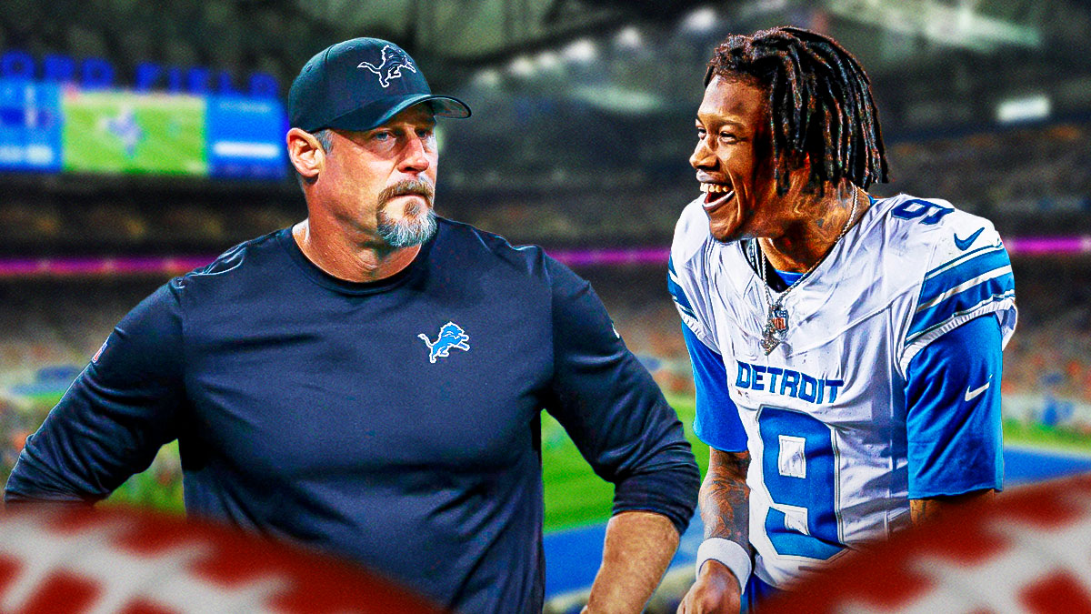 Lions, Dan Campbell, Jameson Williams, Jameson Williams Lions, Lions Commanders, Dan Campbell and Jameson Williams with Lions stadium in the background