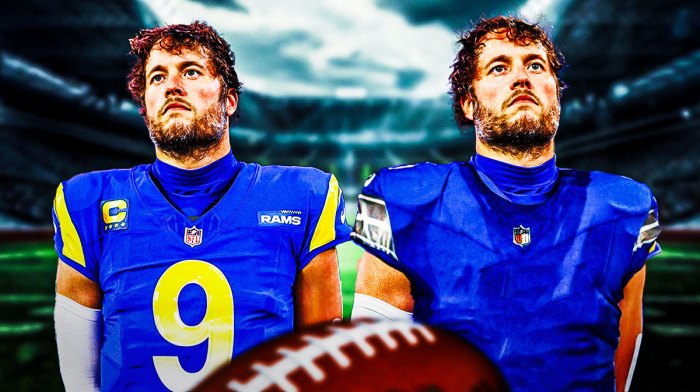 Rams Matthew Stafford next to a Matthew Stafford Lions jersey