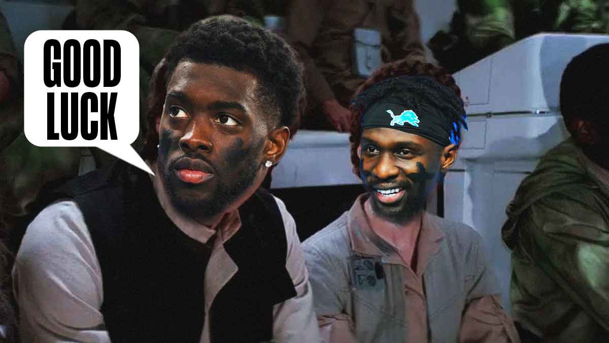 Detroit Lions CB Terrion Arnold sitting next to Lions S Kerby Joseph, as Arnold says "Good luck."