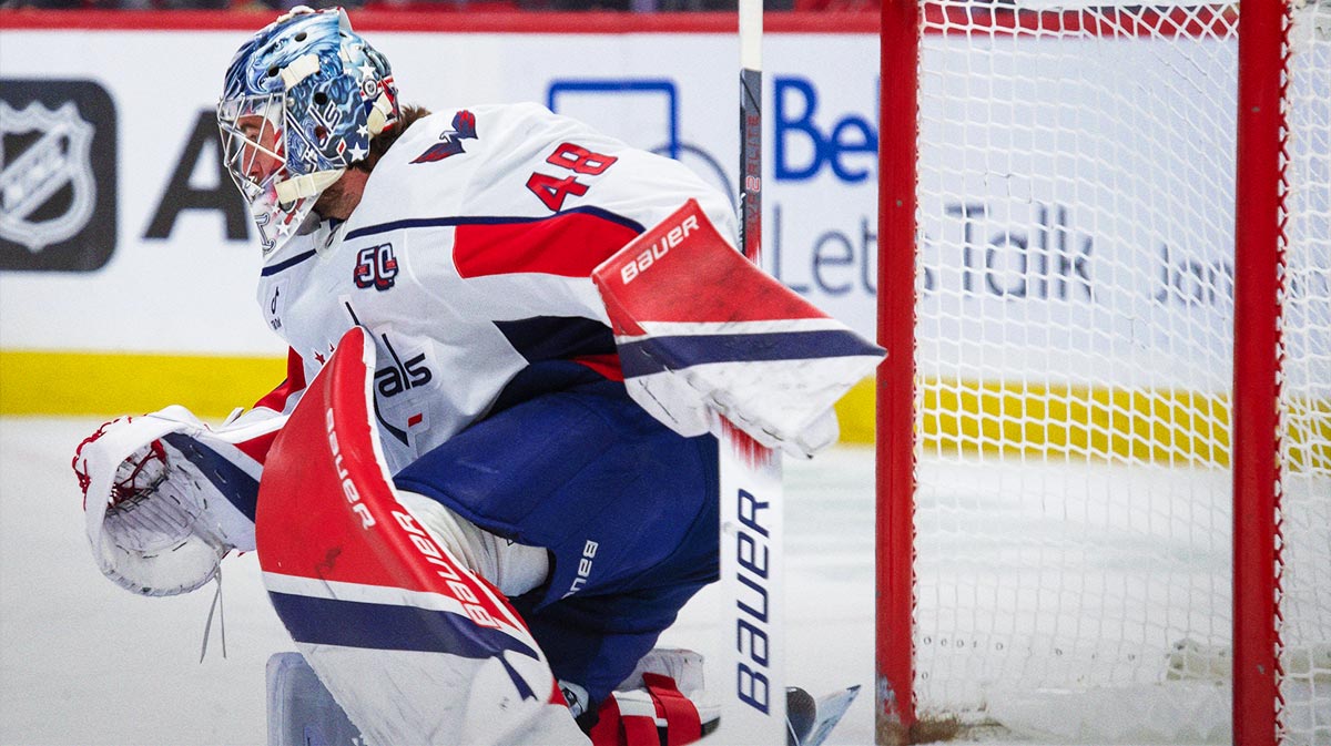 Washington Capitals goalie Logan Thompson (48) follows the puck in the first period against the Ottawa Senators at the Canadian Tire Centre.