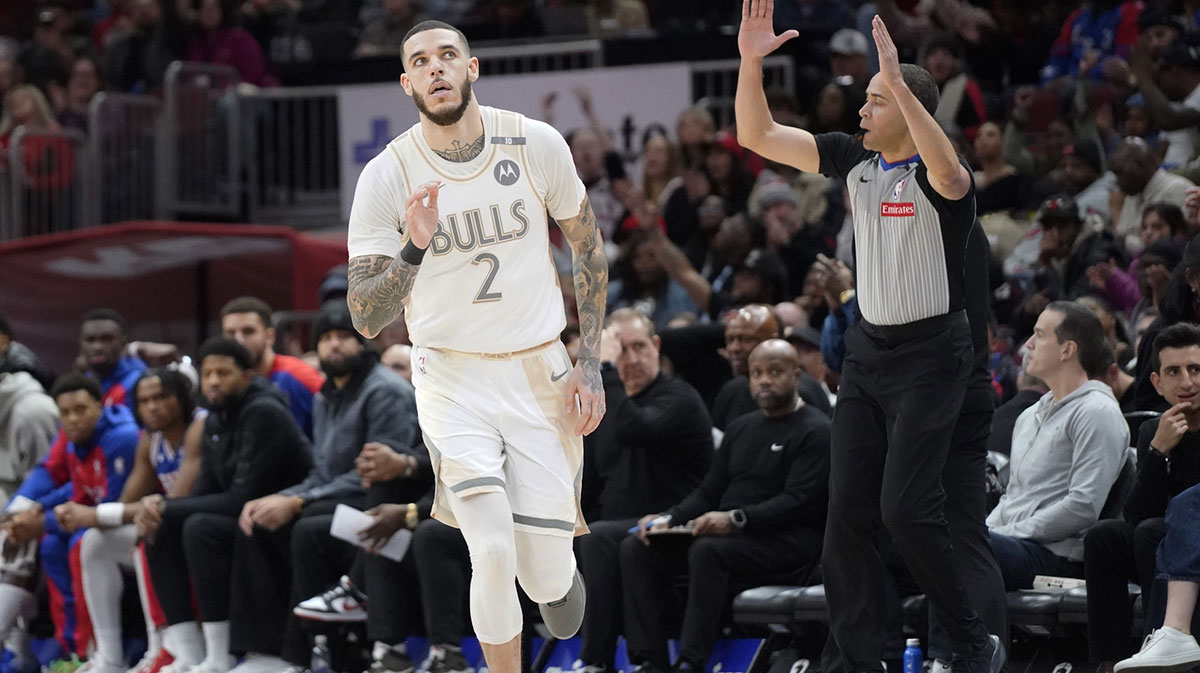 Chicago Bulls guard Lonzo Ball (2) gestures after makingg a three point basket against the Philadelphia 76ers during the second half at United Center. 