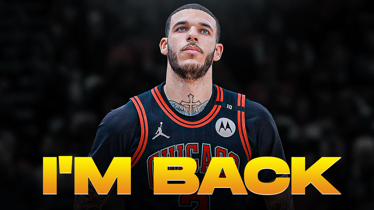Bulls' Lonzo Ball smiling, with caption below: I'M BACK