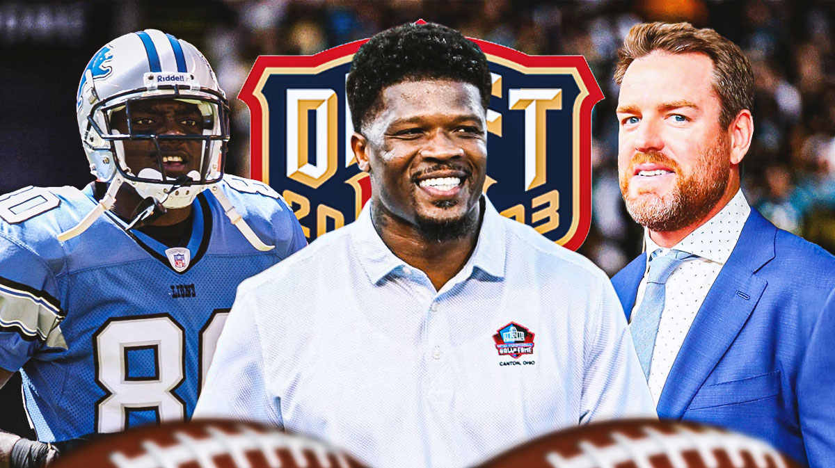 Carson Palmer, Charles Rogers and Andre Johnson, 2003 NFL Draft logo, football field in background