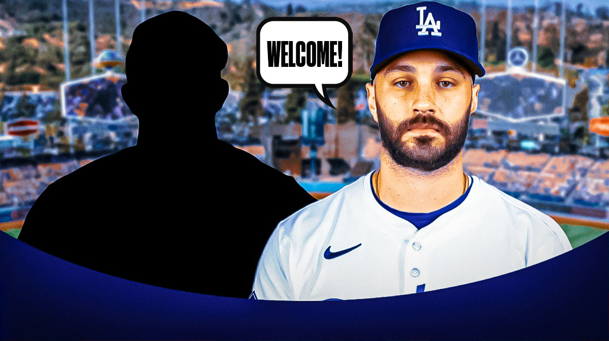 A silhouette of Kirby Yates on one side, Tanner Scott in a Los Angeles Dodgers uniform on the other side with a speech bubble that says "Welcome!"