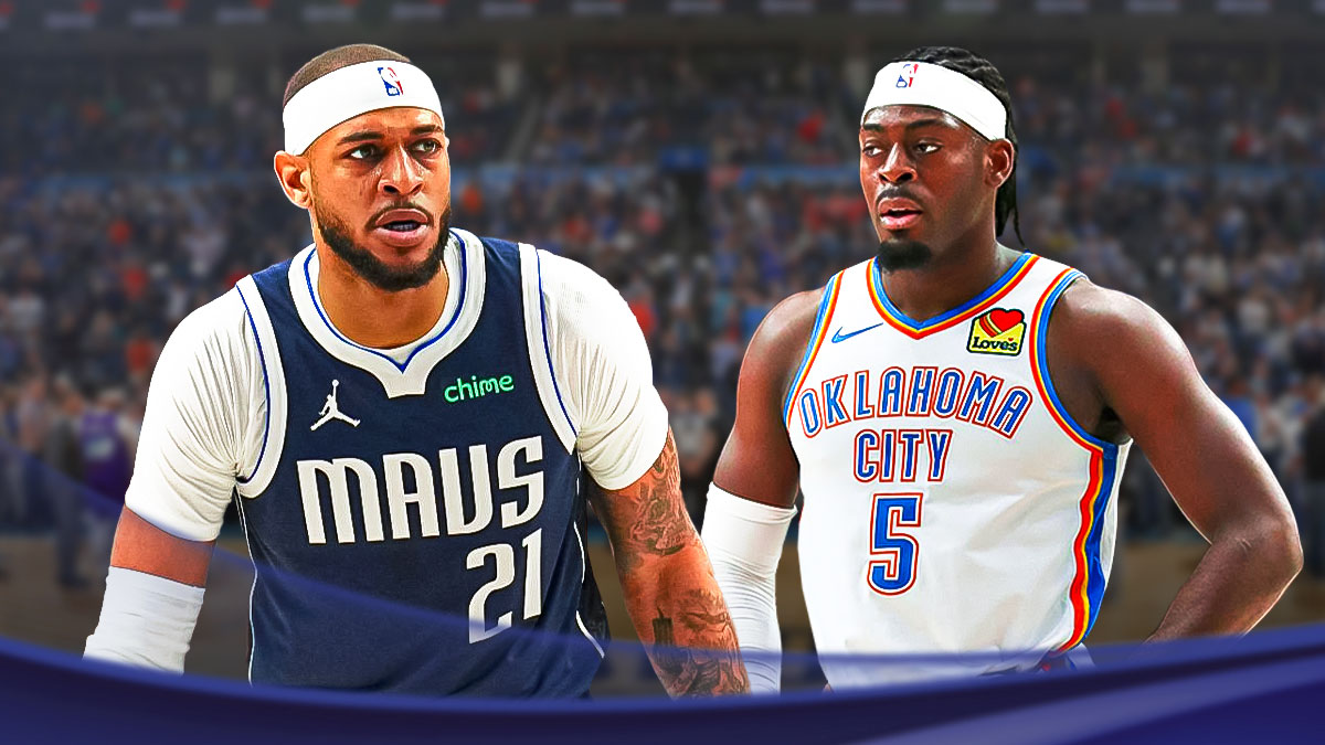Lu Dort, Daniel Gafford, Oklahoma City Thunder and Dallas Mavericks logos in background