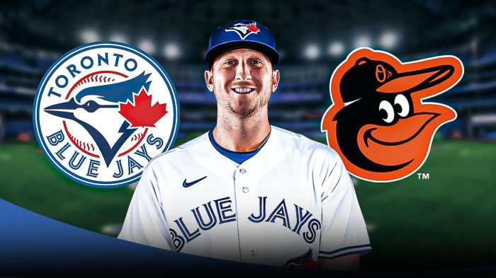 New Toronto Blue Jays pitcher Jeff Hoffman (jersey swap from Philadelphia Phillies to Toronto Blue Jays) in center, Toronto Blue Jays logo on left side, Baltimore Orioles logo on right side, Rogers Centre (home field of the Toronto Blue Jays) in background