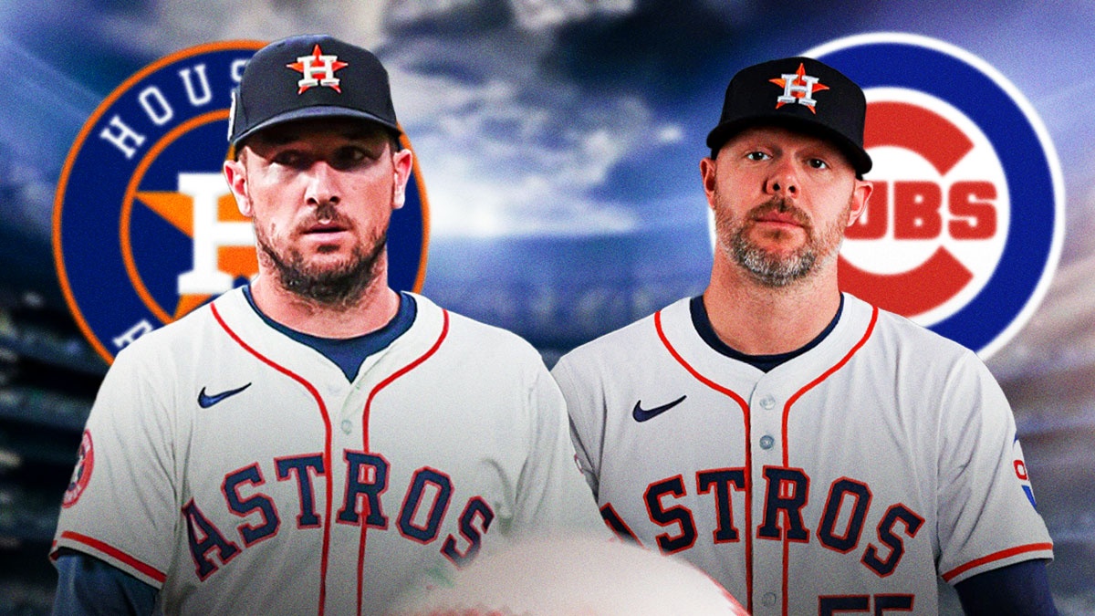 Alex Bregman and Ryan Pressly in the center, with the Houston Astros logo behind Bregman on the left and the Chicago Cubs logo behind Pressly on the right.