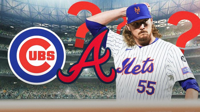 Ryne Stanek standing next to he Cubs logo and the Braves logo with question marks in the background