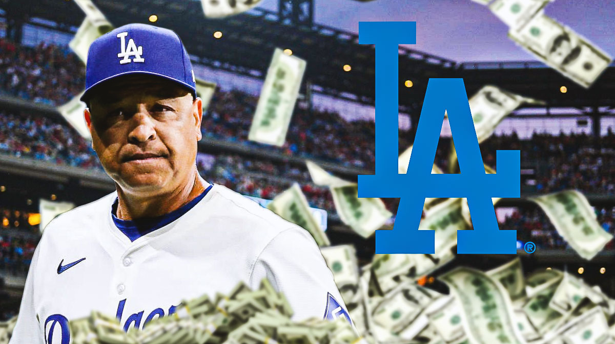 Dodgers Dave Roberts surrounded by flying money