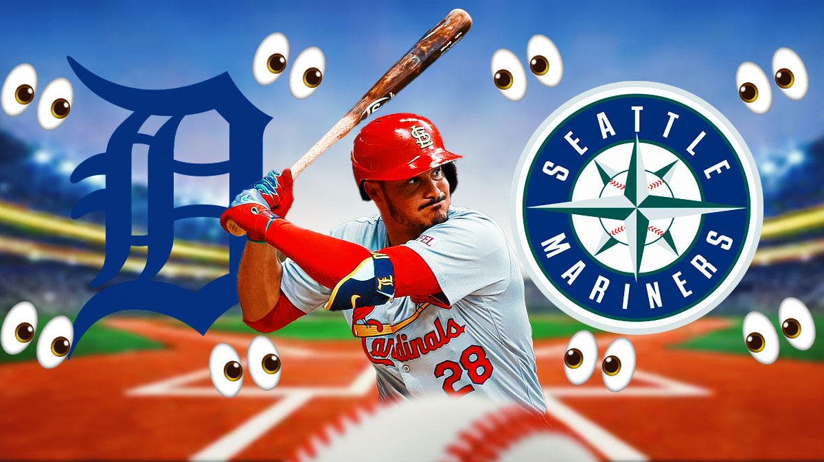 Cardinals Nolan Arenado in front swinging a baseball bat. Seattle Mariners, Detroit Tigers 2024 logos in background. Place the eyes emoji all over image looking at Arenado.