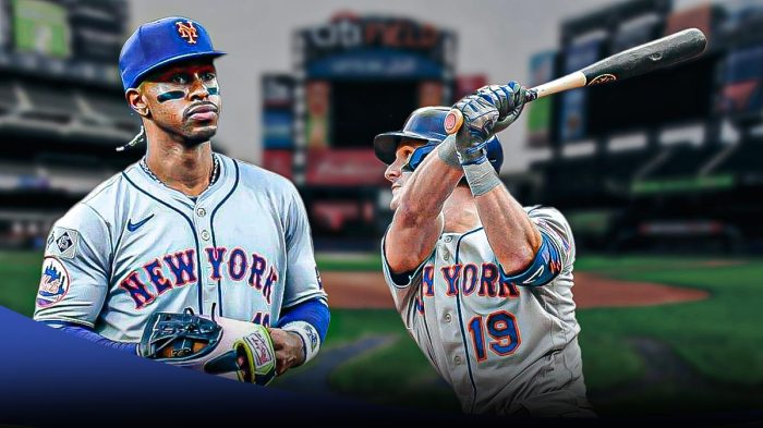 Mets Francisco Lindor on left and looking to his right. On the right, place Mark Canha in a Mets jersey swinging a baseball bat.