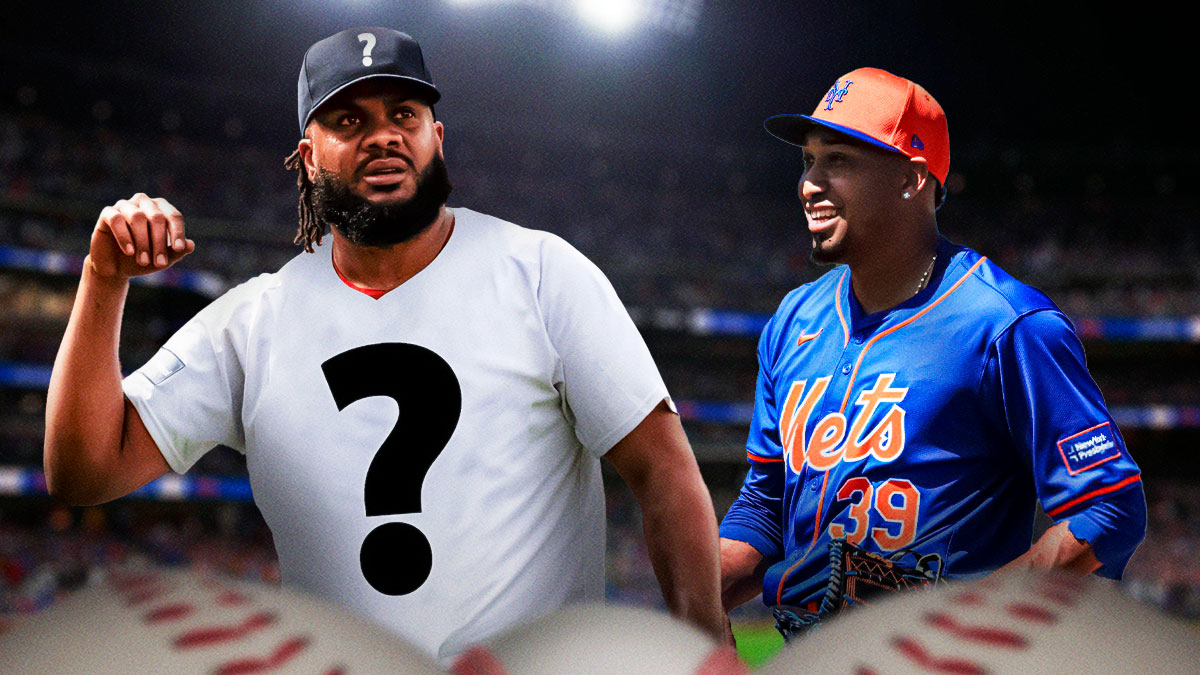 Kenley Jansen with question mark logos on hat and jersey on left. Edwin Diaz on right