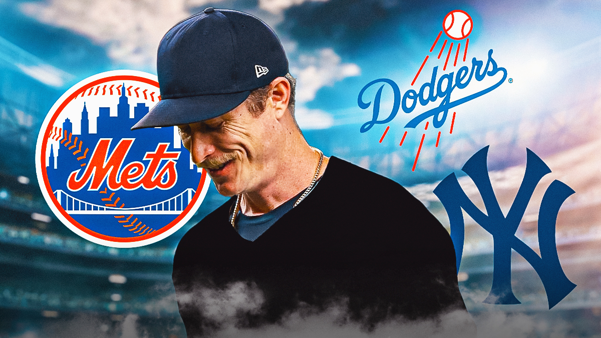 Tim Hill smiling while wearing a blank uniform, with Dodgers, Mets, and Yankees logos all over him