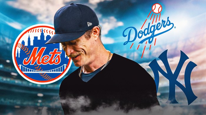Tim Hill smiling while wearing a blank uniform, with Dodgers, Mets, and Yankees logos all over him