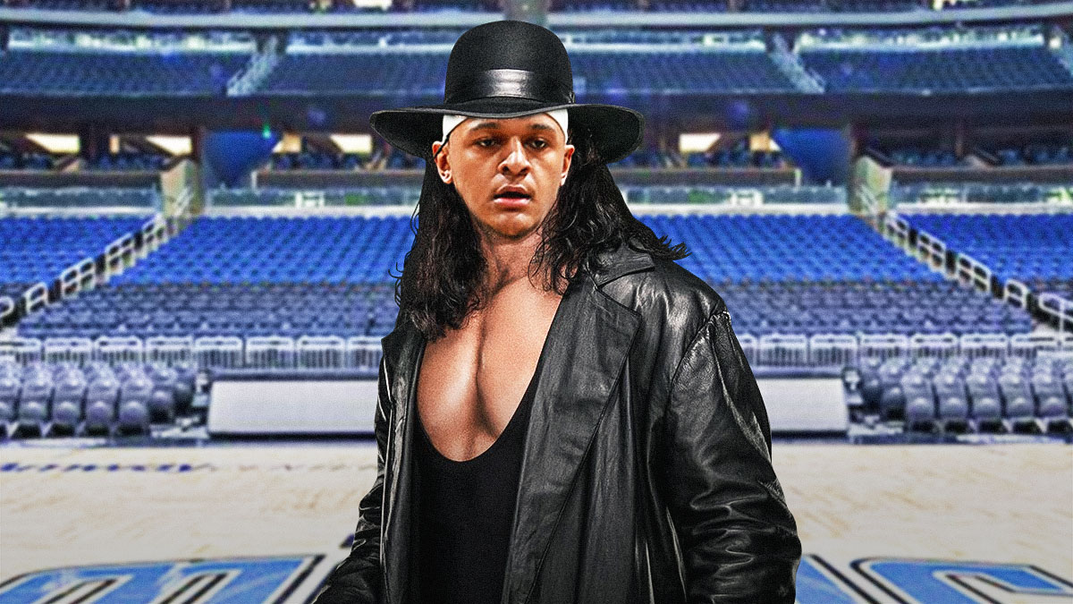 Paolo Banchero's head on the Undertaker's body in front of the Magic's arena