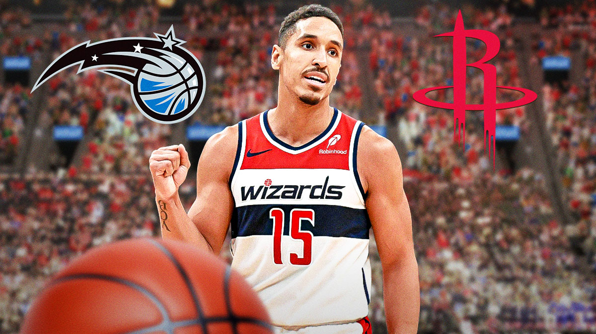 Malcolm Brogdon in Wizards jersey next to Magic and Rockets logos