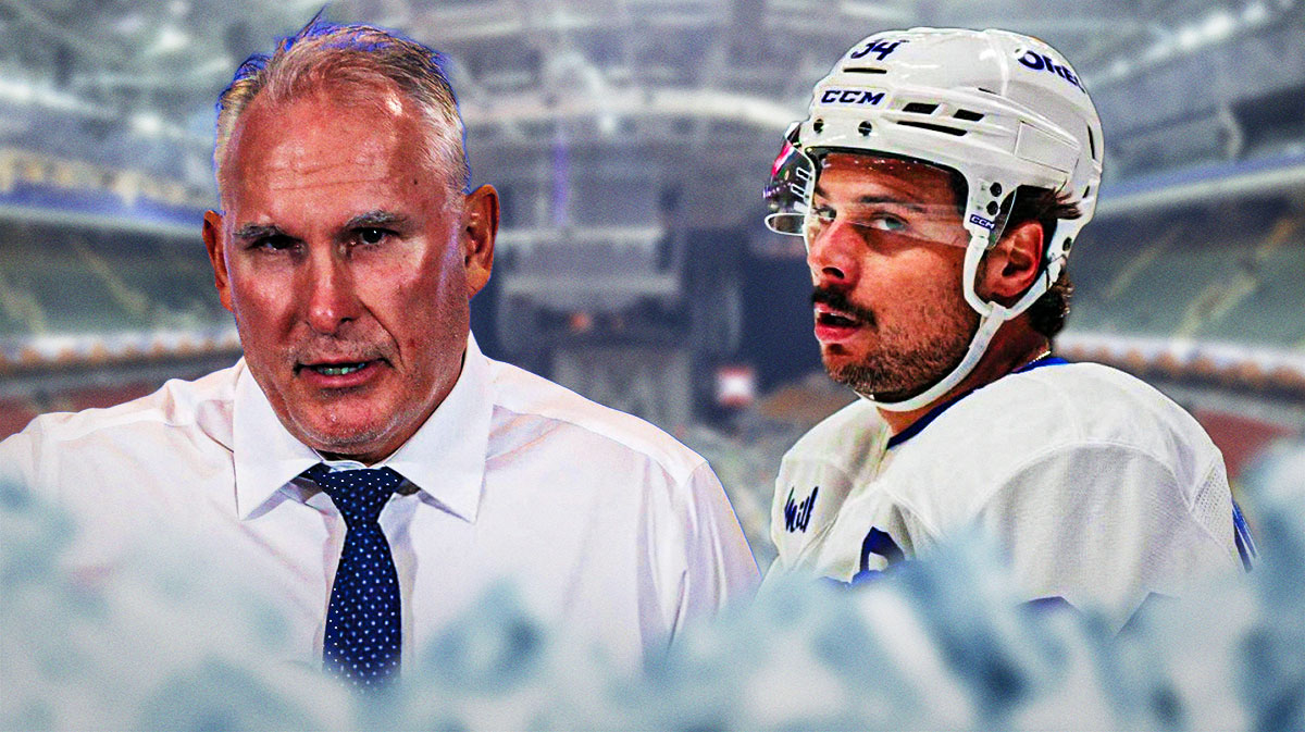 Maple Leafs forward Auston Matthews and coach Craig Berube inside Scotiabank Arena
