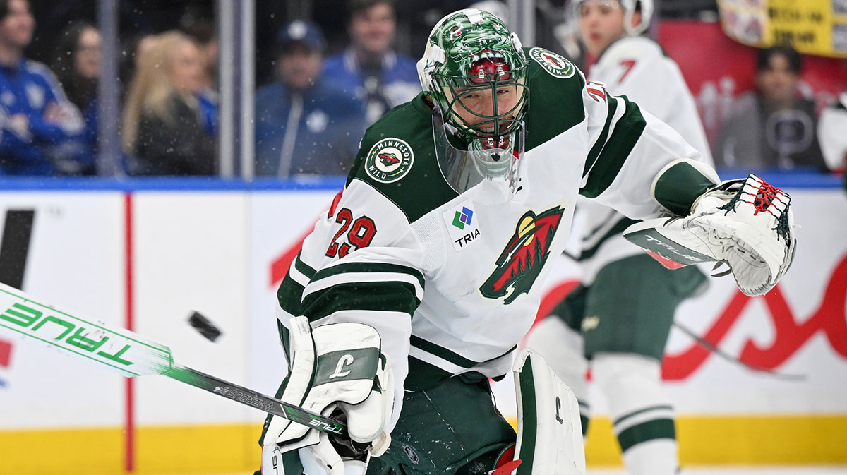 Minnesotas Wild Goallie Marc-Andre Fleuri (29) is heated before the Toronto Maple leaves is played on Scotiabank Arena.