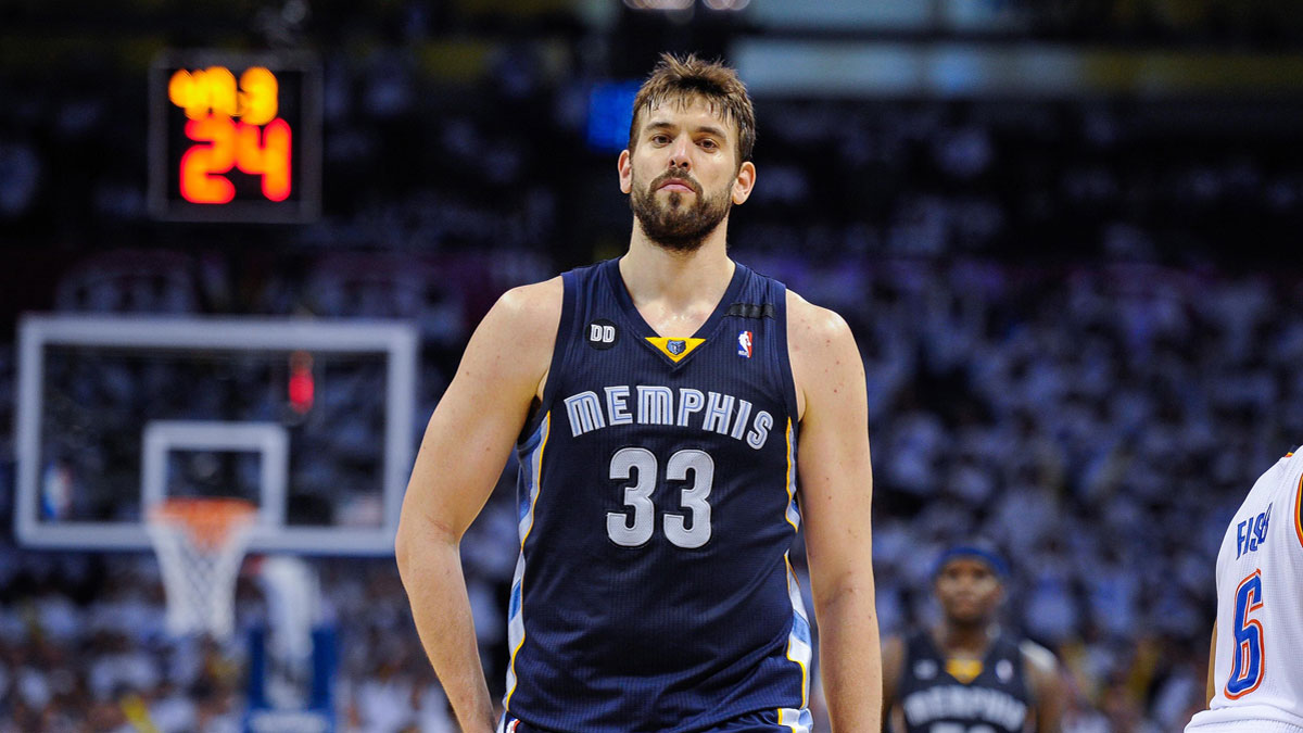 Memphis Grizzlies center Marc Gasol (33) comes off the court during game five against the Oklahoma City Thunder in the second round of the 2013 NBA Playoffs at Chesapeake Energy Arena. The Grizzlies defeated the Thunder 88-84.