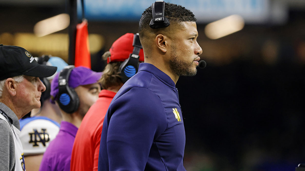 Notre Dame Fighting Irish head coach Marcus Freeman looks on during the second quarter against Georgia Bulldogs at Caesars Superdome.