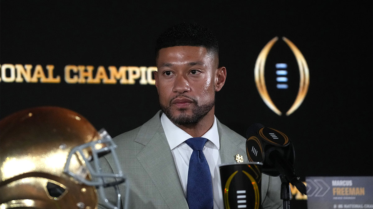 Notre Dame Fighting Irish head coach Marcus Freeman during College Football Playoff National Championship press conference at The Westin Peachtree Plaza, Savannah Ballroom.