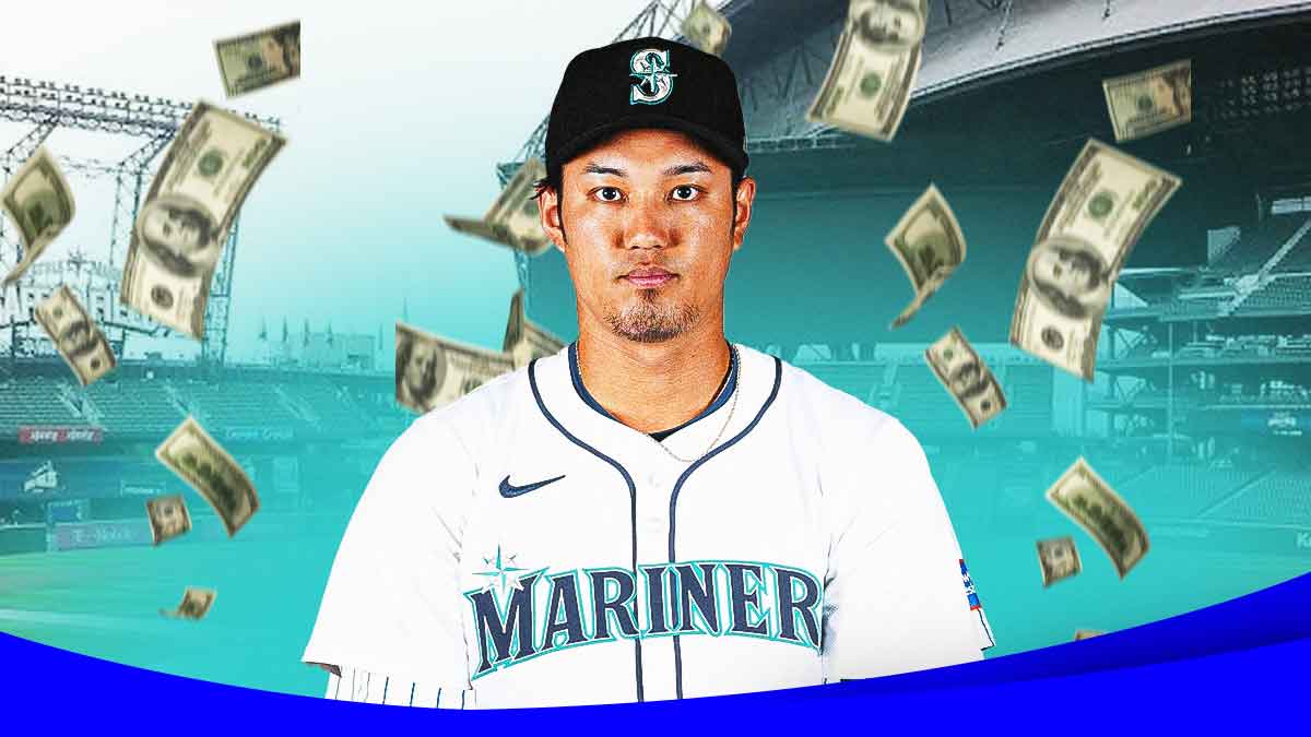 Shintaro Fujinami in a Mariners uniform with money falling in the background