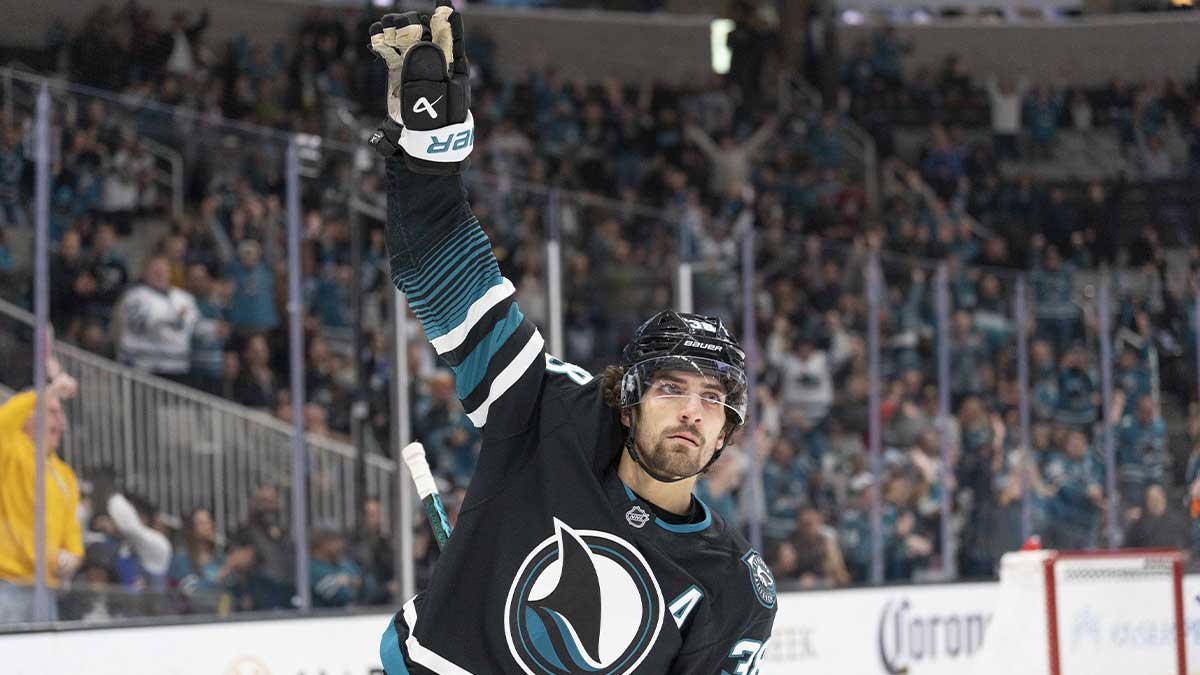 San Jose Sharks defenseman Mario Ferraro (38) reacts after the puck goes into the goal during the second period against the Tampa Bay Lightning at the SAP Center in San Jose.