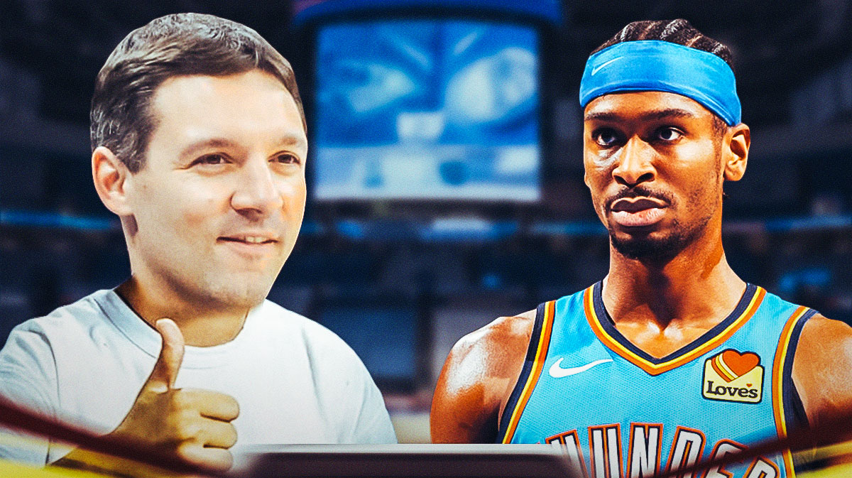 Thunder head coach Mark Daigneault’s face photoshopped over the “thumbs up kid” face with Shai Gilgeous Alexander next to him.