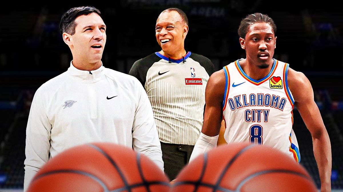 Thunder head coach Mark Daigneault next to Thunder forward Jalen Williams and an NBA official in between