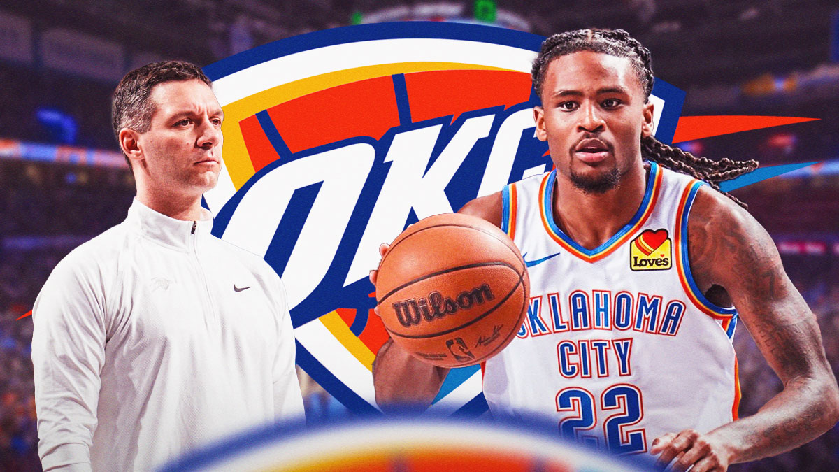 Thunder guard Cason Wallace next to Thunder head coach Mark Daigneault with the Thunder logo in the background