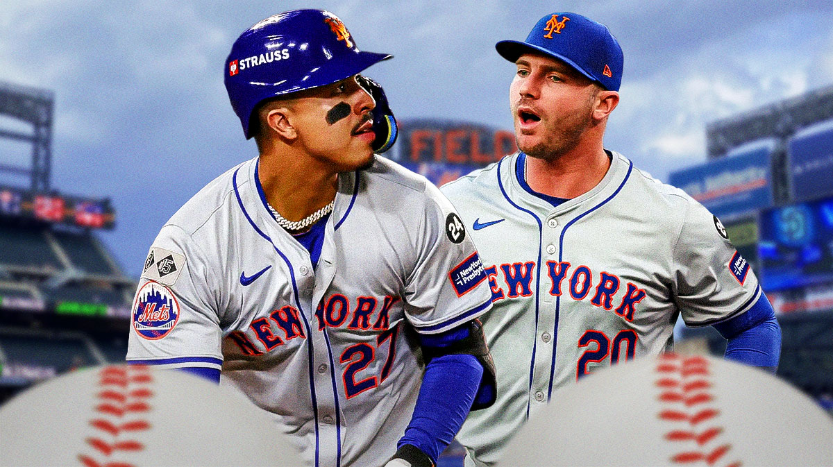 New York Mets stars Mark Vientos and Pete Alonso in front of Citi Field.