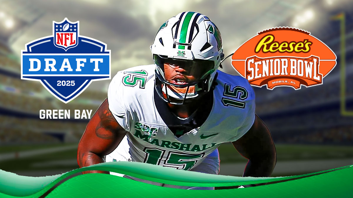 Marshall's Mike Green next to the Reese's Senior Bowl logo with the 2025 NFL Draft logo as the background.
