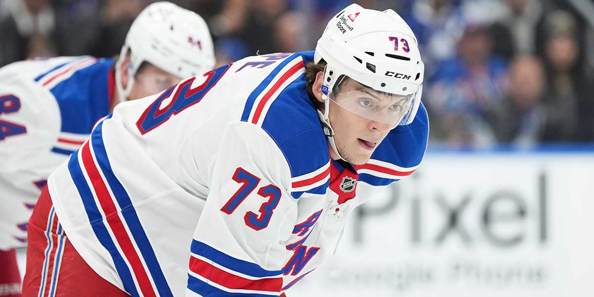 New York Rangers center Matt Rempe (73) waits for the faceoff against the Toronto Maple Leafs during the first period at Scotiabank Arena. 