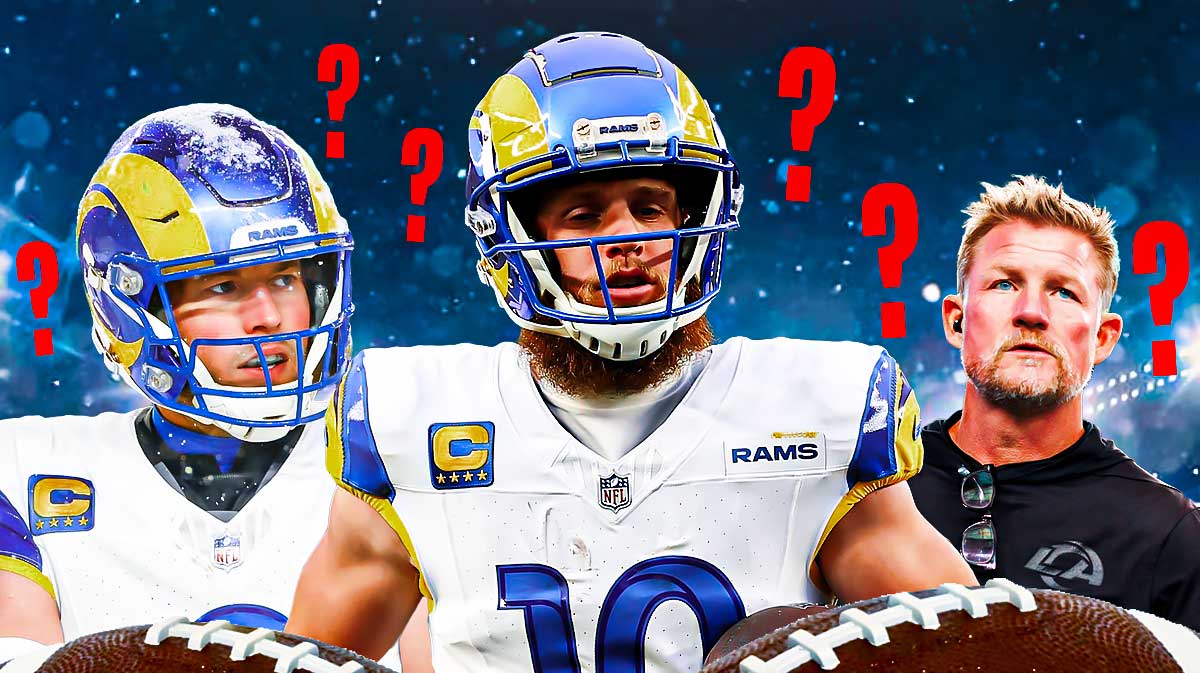 Ram Matthew Stafford, Cooper Kupp, and GM Les Snead with question marks all around them