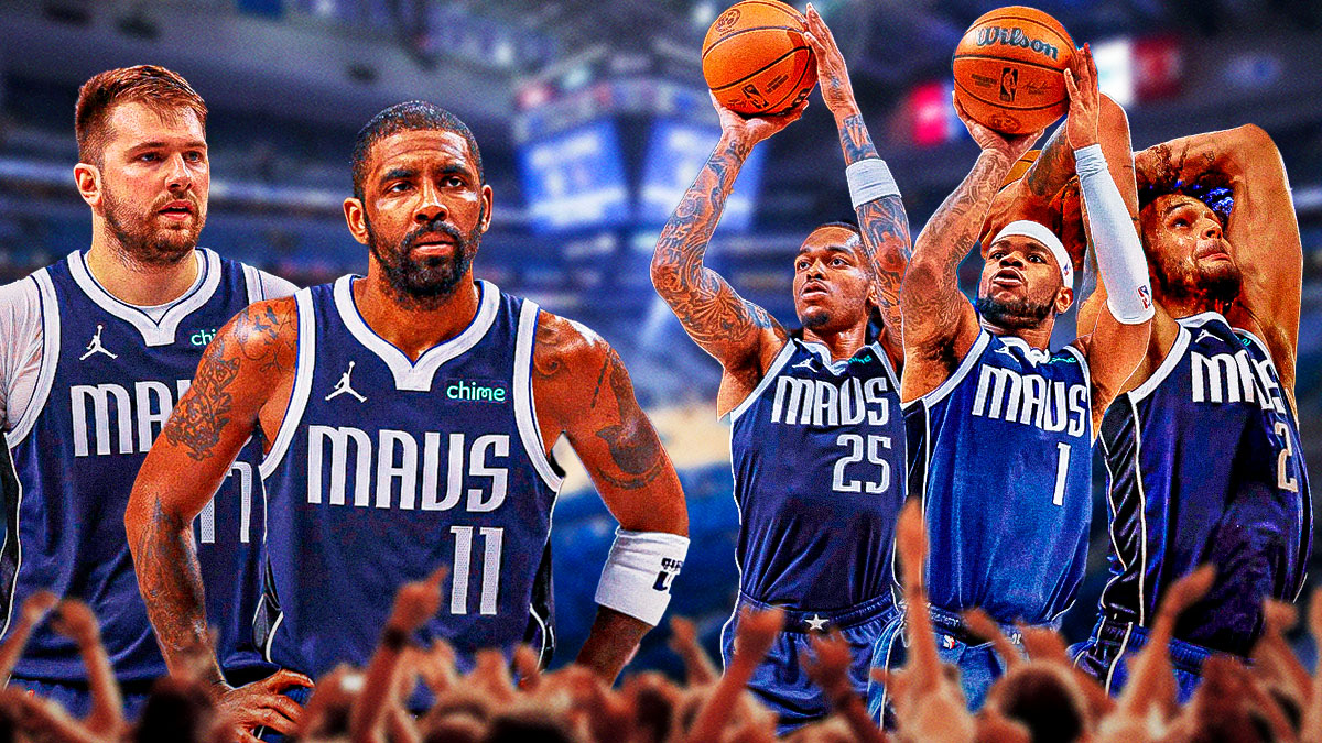 Mavericks Luka Doncic, Mavericks Kyrie Irving on left looking serious. On right, Mavericks Jaden Hardy shooting a basketball in front, Mavericks Dereck Lively II dunking a basketball in background and Mavericks PJ Washington shooting a basketball in background.